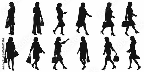 Silhouettes of business women walking with handbags in various poses