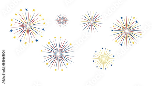 Colorful fireworks display with stars on a white background