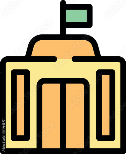 Embassy building with waving green flag, representing international diplomacy and political presence