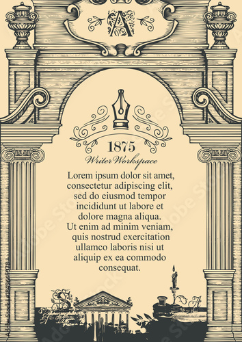 Vector banner on the topic of literature and psiateles with space for text. Page with books, pen, antique arch. Sign of a shop, cafe, library. Page of a book, magazine, logo. Not AI.