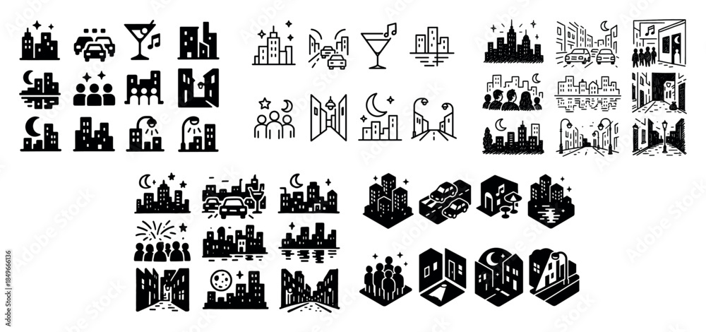 Fototapeta premium Urban nightlife icons and cityscapes