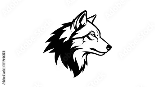 Black and white wolf head illustration with fierce expression