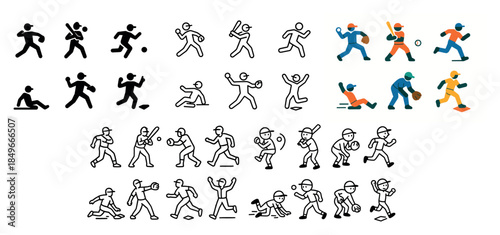 Baseball player action icons set