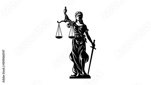Silhouette of Lady Justice with Scales and Sword on White Background