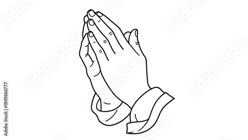 Line art of praying hands with simple outline on white background