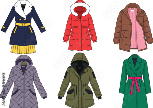 Winter coats illustration set, fashionable jackets and parkas collection, warm outerwear designs, seasonal clothing vector art, isolated white background elements