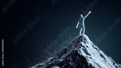 Summit of Ambition: An inspiring figure stands atop a snow-dusted peak, arms outstretched toward the vast, dark sky. The image evokes a sense of accomplishment, determination.