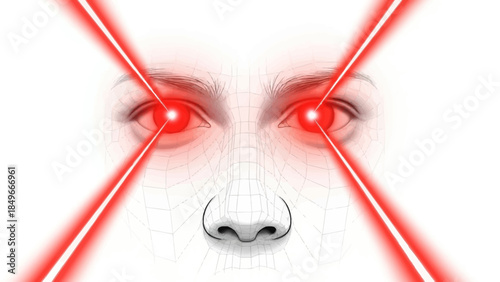Futuristic face with red laser beams from eyes on white background