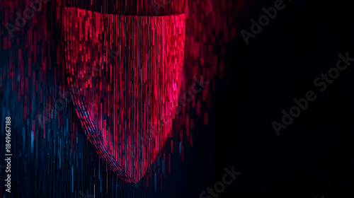 Mysterious Shield in Light: The image presents a striking shield illuminated with vibrant, dynamic streaks of red and blue light, set against a dark backdrop.