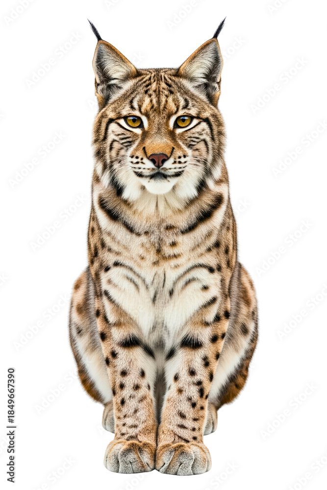 Fototapeta premium Wild lynx sitting and looking forward with spotted fur isolated on a transparent background