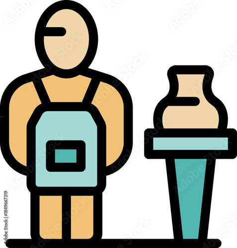 Potter wearing apron standing next to pottery wheel with vase, representing ceramics, artwork, craftsmanship, and creative process