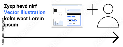 Business strategy, online connectivity, user interface design, digital navigation, virtual collaboration, technology. A webpage interface combined with a person icon and an arrow. Online connectivity