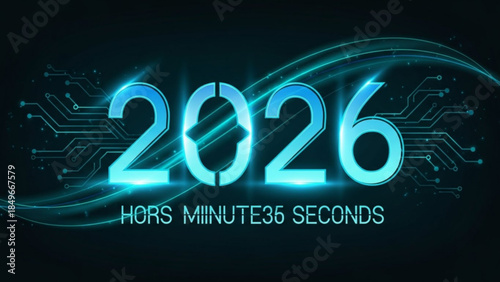 Futuristic 2026 Digital Countdown Graphic with Neon Blue Circuitry and Time Display on Black Background with Glowing Accents