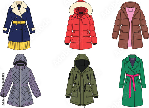 Winter coats illustration set, fashionable jackets and parkas collection, warm outerwear designs, seasonal clothing vector art, isolated white background elements