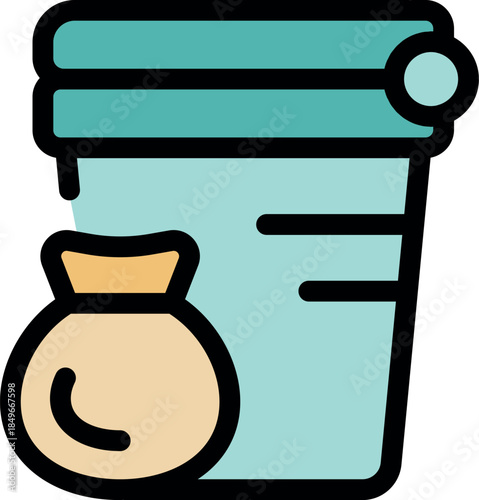 Measuring cup and money bag symbolizing savings, budgeting, and financial planning