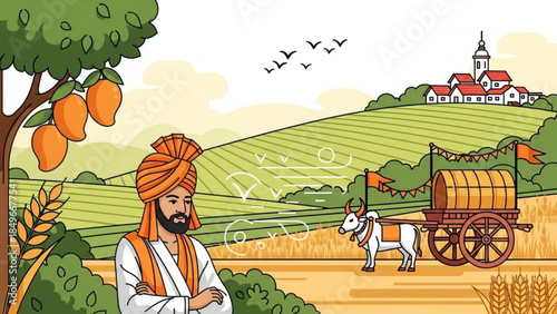 Traditional Indian Farmer Rural Landscape Scene with Bullock Cart and Village in Background, Agriculture and Countryside Serenity