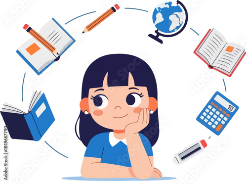 Young student surrounded by floating educational objects thinking about learning and knowledge acquisition