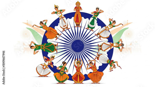 Vibrant Indian Classical Dance Illustration with Colorful Costumes and Blue Wheel Design Elements