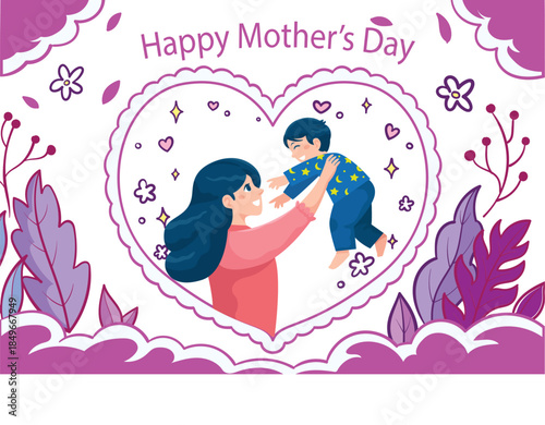 Romantic cartoon wedding couple kissing with heart on Mom day design