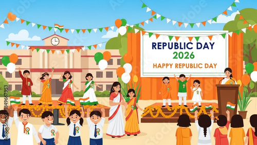 Vibrant Republic Day 2026 Celebration Scene with Diverse Group of Students and Adults in Traditional Indian Attire Outdoors