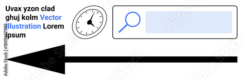Digital navigation, time tracking, information search, online tools, progress direction, data organization. Black arrow, clock and search bar ion. Navigation and time tracking concepts