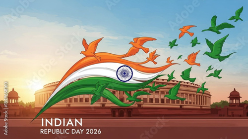 Indian Republic Day 2026 Celebrations with Birds Flying and Flag Waving in Front of Parliament Building New Delhi India