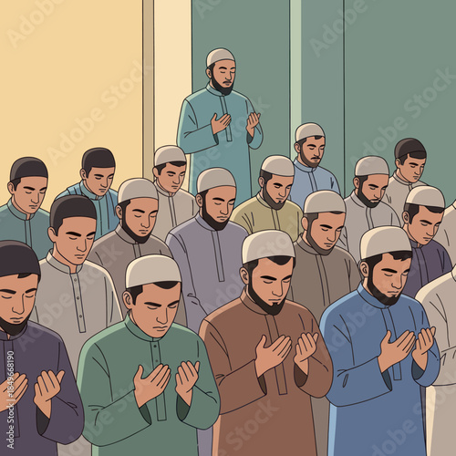 Group of Muslim Men Praying Together.