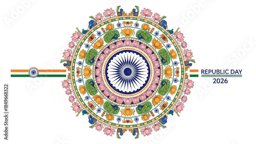 Vibrant Indian Republic Day 2026 Celebration Mandala with Floral Patterns and Elephant Decorations