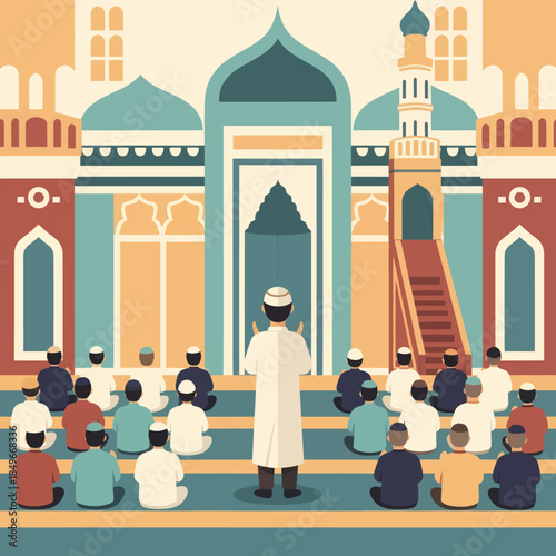 Imam Leading Prayer in Mosque Illustration.