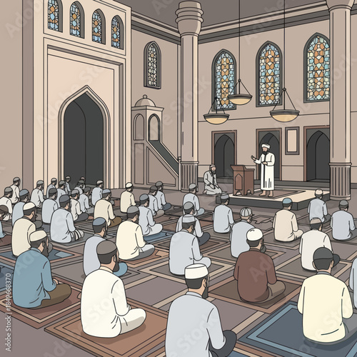 Men Praying in Mosque Interior Scene.