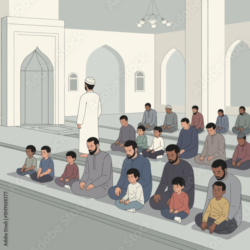 Muslim Men and Boys Praying Together.