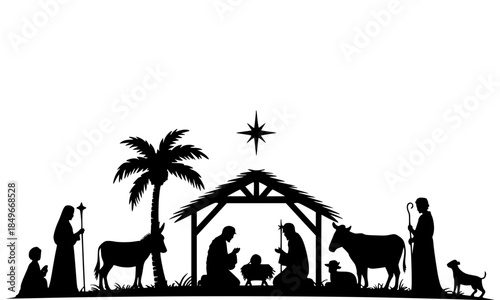 Christmas Nativity Scene Silhouette Vector, Black Manger with Baby Jesus Mary Joseph Wise Men Shepherds Animals Palm Trees Star of Bethlehem, Traditional Christian Holiday Clip Art