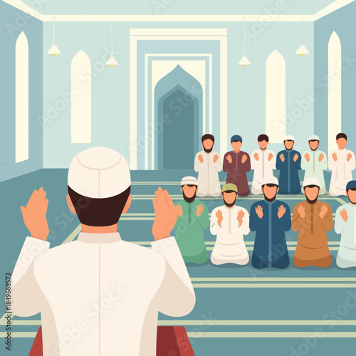 Group of Men Praying in Mosque.