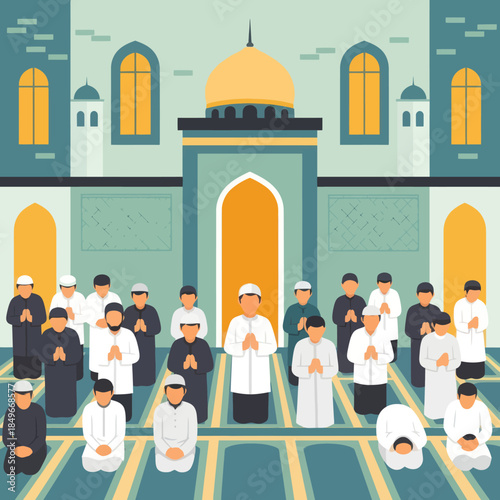 Muslim Men Praying in Mosque Illustration.