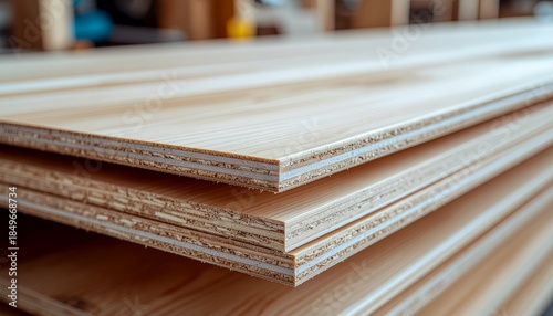 Detailed close-up of multiple stacked pressed plywood sheets, highlighting their layered edges and natural wood texture in a construction setting.