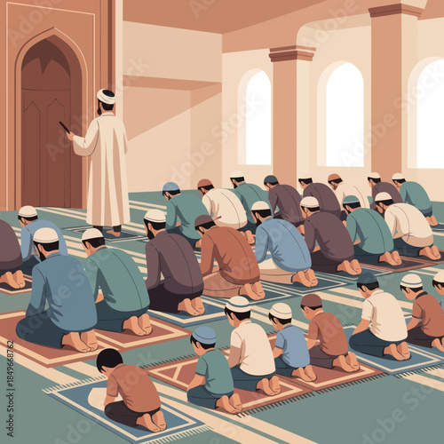 Men Praying in Mosque Led by Imam.