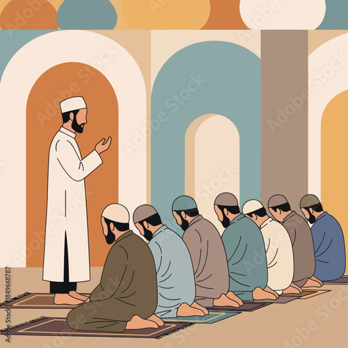 Group of Men Praying Led by Imam.