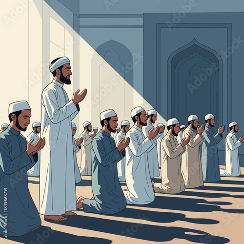 Group of Muslim Men Praying Together.