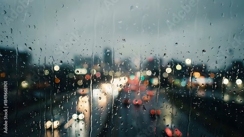 Rainy Cityscape View Through Wet Windowpane at Night.