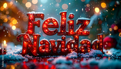 Spanish Text Feliz Navidad letter in winter christmas landscape 