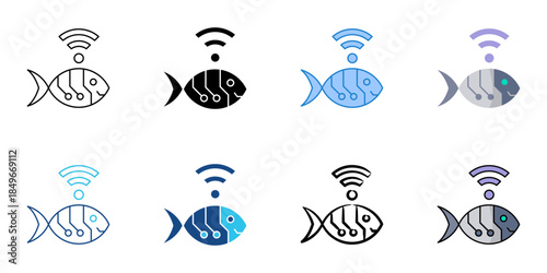 Robotic fish set multiple style vector collection. Editable stroke 
