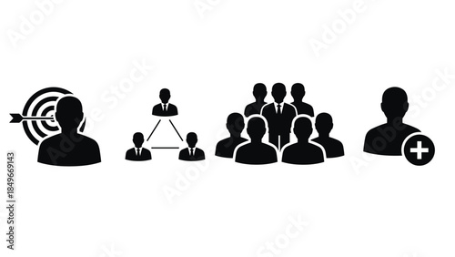 A group of people icons representing various social connections and networking concepts illustrated in a simple black silhouette style