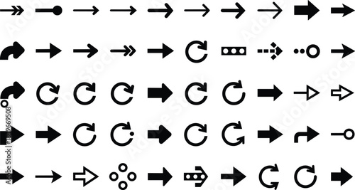 Arrow icons, vector arrows, curved arrows, rotation arrows, interface symbols, graphic arrows, direction icons, navigation arrows, UI elements, pointer set