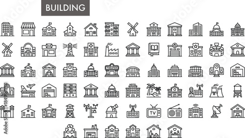 Building icons, architecture symbols, urban design, city infrastructure, public institutions, commercial structures, residential homes, vector illustration, blue line art, planning