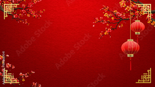 Chinese New Year Background with Red Lanterns and Blossoms on Red Wave Pattern
