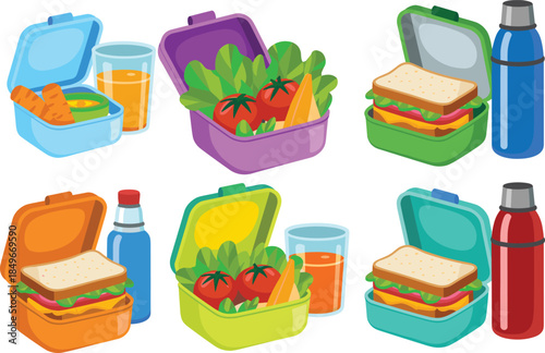 Colorful lunchbox food collection illustration with healthy sandwiches vegetables drinks and containers isolated on white background for school meals