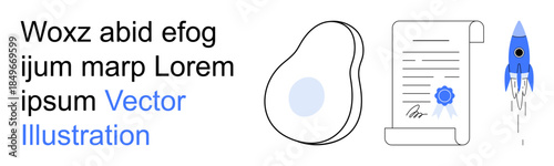 Business development, certification, creative startups, innovation, verification processes, futuristic concepts. Avocado shape, signed document with seal rocket illustration. Certification