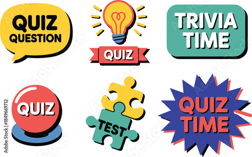 Colorful quiz and trivia game icons set with speech bubbles, lightbulbs, buttons, and puzzle pieces for educational and entertainment content.