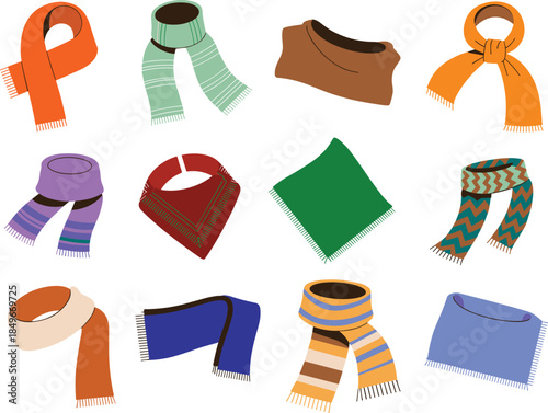 Colorful winter scarf collection illustration featuring various knitted scarves isolated on white background for fashion accessory design concepts