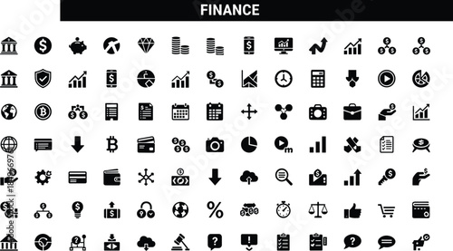 Finance icons, banking symbols, money management, investment tools, financial technology, budgeting, currency, savings, fintech, analytics, economy, business, accounting, credit